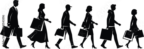Diverse group of stylish male and female silhouettes walking in profile carrying shopping bags after a successful retail spree, illustrating modern consumer lifestyle, purchases, and commerce.
