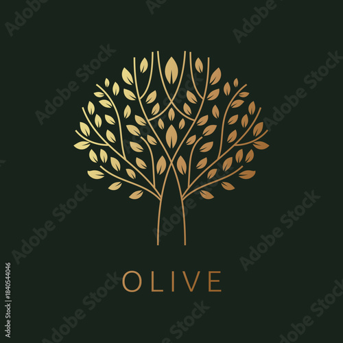 Olive tree logo. Golden plant in circle. Round gold logo for oil and Italian food. Decorative logotype. Farm ecological products. Organic herbal badge. Graphic silhouette. Vector isolated illustration