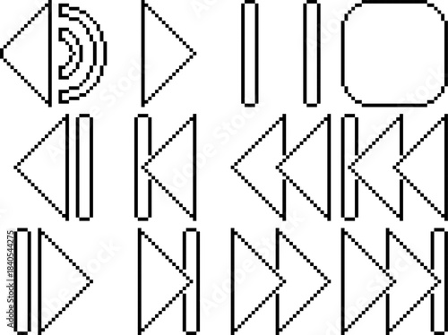 Rewind fast reverse back play stop pause volume forward fast forward next button icon line three layers inside black-white vector pixel art icon