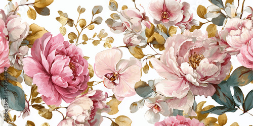 Soft pink peony and rose floral pattern with delicate greenery and golden accents