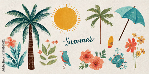 Vibrant summer scene with palm trees sun umbrella flowers and tropical bird illustration