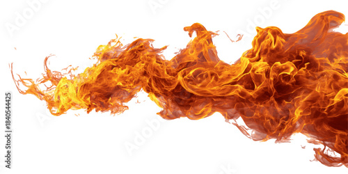Dynamic abstract swirls of fiery orange and yellow smoke against a clean white background