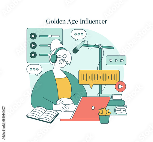 Elderly Woman Podcasting from Home Studio Vector Illustration