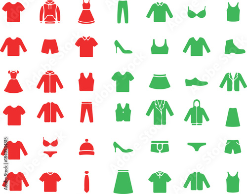 Large Vector Icon Set of Various Clothing Items, Apparel, and Accessories in Red and Green Colors, Suitable for E-Commerce or UI Design.