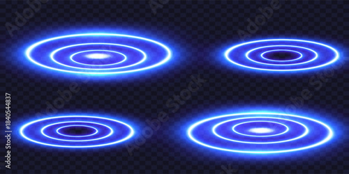 Round light effect set. Sonar sound wave. Signal concentric circle. Radio station signal. Water ripple with circle waves. A place or a painful point.
