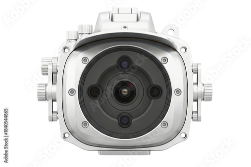 Silver underwater camera housing with lens port and control knobs isolated on a transparent background