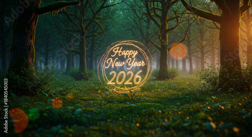 Magical forest glowing with 'Happy New Year 2026' celebration