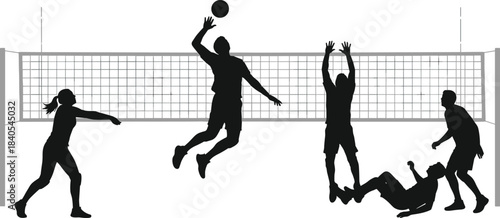 Dynamic Volleyball Match Silhouette, Powerful Spiker Attacking Over Net Against Blocking Defenders, Female Player Receiving, Indoor Sports Competition Intensity, Flat Vector Graphic.