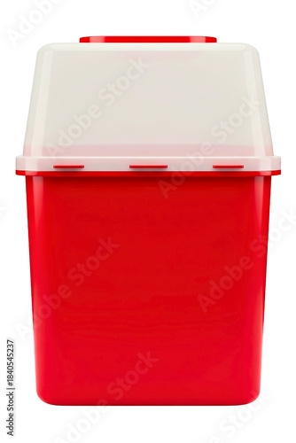 Red plastic medical waste container with transparent white lid isolated on a transparent background