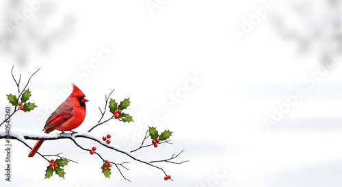 Fototapeta Naklejka Na Ścianę i Meble -  A vibrant red cardinal perched gracefully on a snowcovered branch adorned with holly leaves and berries, set against a pristine white background, creating a serene and festive winter scene isolated on