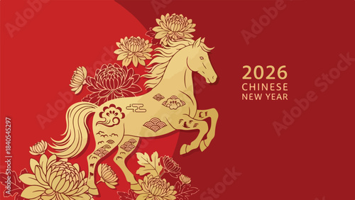 Golden Horse Illustration for 2026 Chinese New Year Celebration with Floral Accents and Festive Design