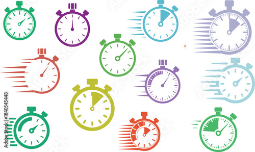 black and white stopwatch icon collection, minimalist timer illustration, speed concept design, time management symbol, vector fast countdown interface graphics