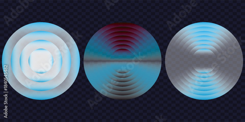 Sound wave. Signal concentric circle. Round light effect. Wifi range. Radio station signal. Water ripple with circle waves. A place or a painful point. Radar screen. Vector effect.