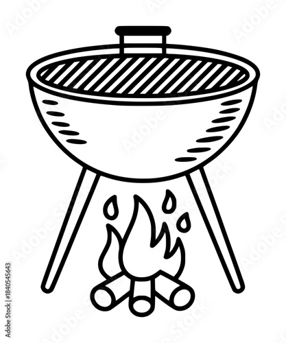 Black and white line of a charcoal grill with fire underneath flames