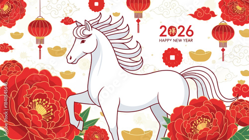 2026 Happy New Year Chinese Zodiac Horse With Red Peonies And Lanterns Illustration