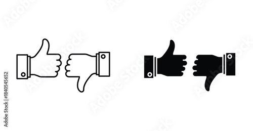 Thumbs up and thumbs down icon set. Thumbs up and thumbs down vector symbol in black filled and outlined style.