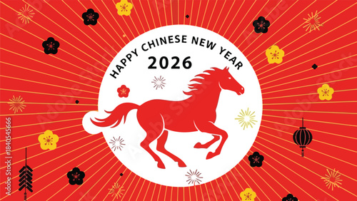 Happy Chinese New Year 2026 Greeting Card Design Featuring A Red Horse And Festive Decorations