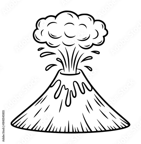 Black and white line of an erupting volcano with lava and smoke eruption cloud