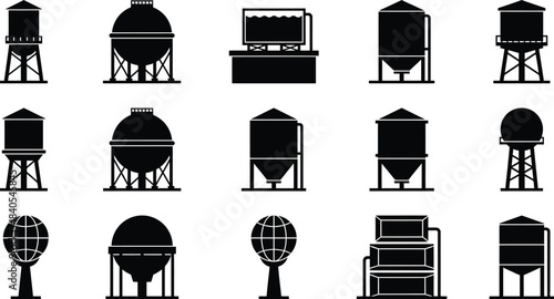 Water Tank Silhouette Icon Set Vector – Minimalist Black Industrial Tower