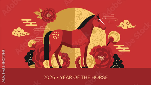 Festive Red Horse Vector Art Illustration for Chinese New Year 2026, a Vibrant Graphic Design Element Celebrating the Zodiac Animal