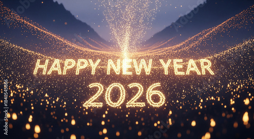 Sparkling golden particles explode upwards, celebrating the arrival of a bright new year.