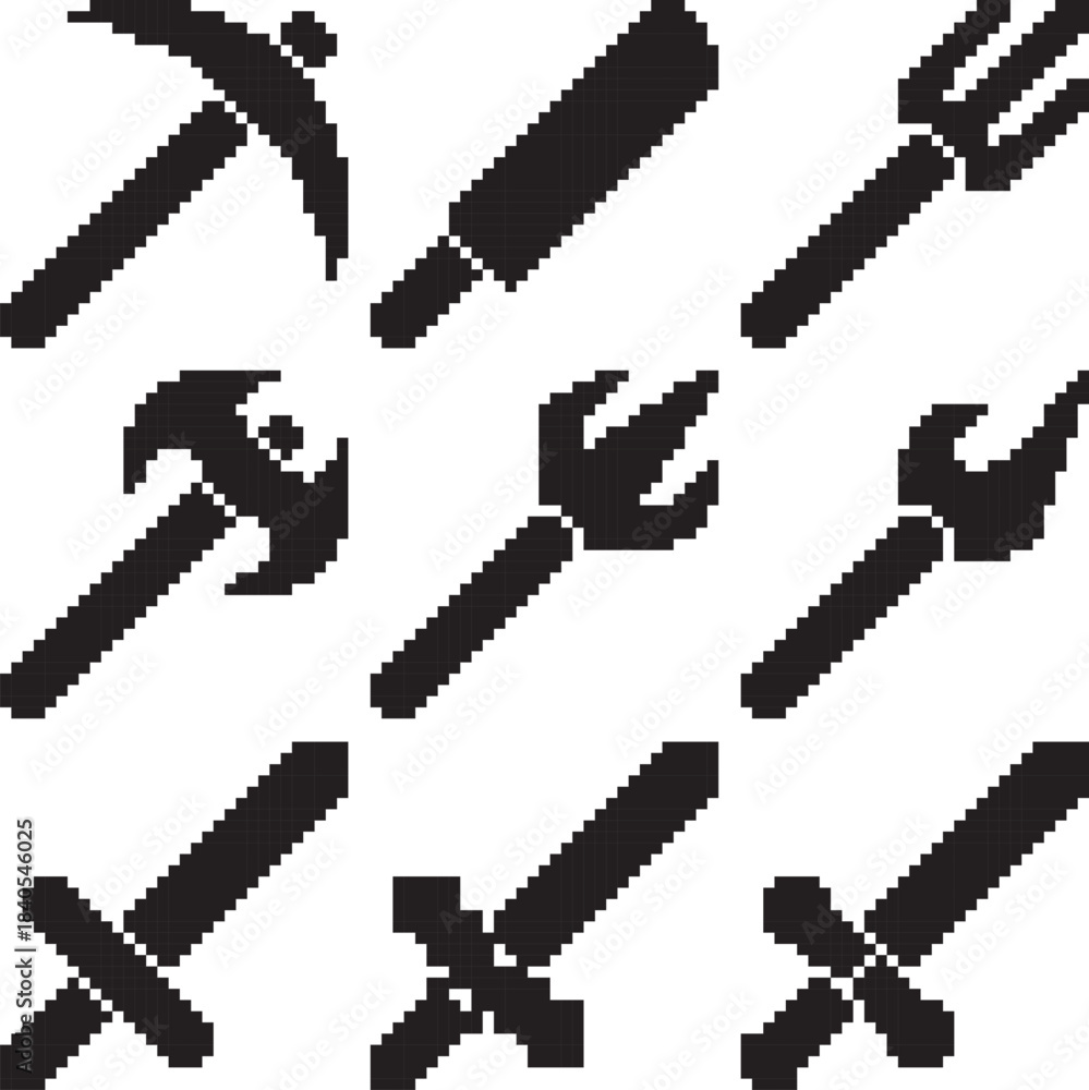 Obraz premium Sword, spear trident, weapon, ax, machele game asset icon black-white vector pixel art icon 