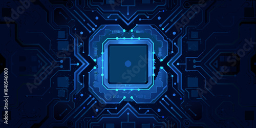 Intricate blue circuit board pattern with a central processing unit design