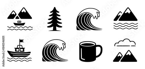 Black and white minimalist set of nature and travel mountains waves