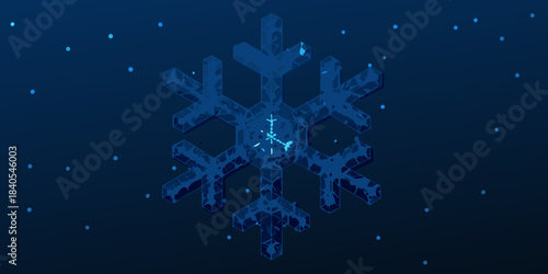 Isometric blue snowflake against a dark starry background detailed crystalline structure