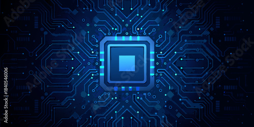 Abstract digital circuit board with a central microchip illuminated in blue