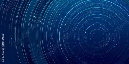 Abstract swirling blue lines create a hypnotic circular pattern with sparkling effects