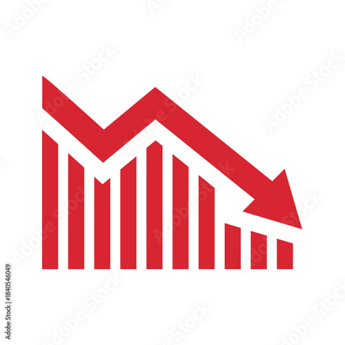 Graph going down sign with red arrows vector. Bar chart symbol icon with arrow moving down and sales bar chart.