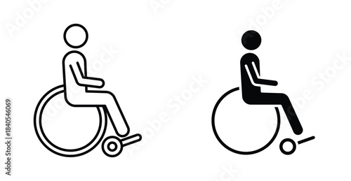 Wheelchair symbol icon set. Wheelchair symbol vector symbol in black filled and outlined style.