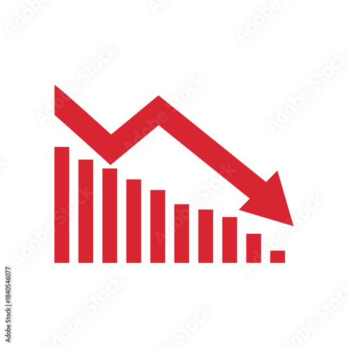 Graph going down sign with red arrows vector. Bar chart symbol icon with arrow moving down and sales bar chart.