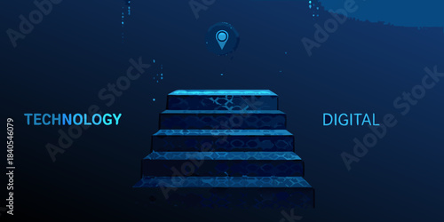 Digital technology stairway descends into the deep blue representing innovation