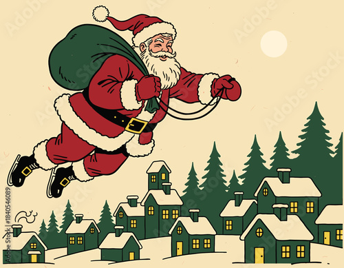 Cheerful, classic illustration of Santa Claus in motion, holding a large green sack full of presents and waving happily next to a decorated Christmas tree with ornaments and a star. Ideal for festive 