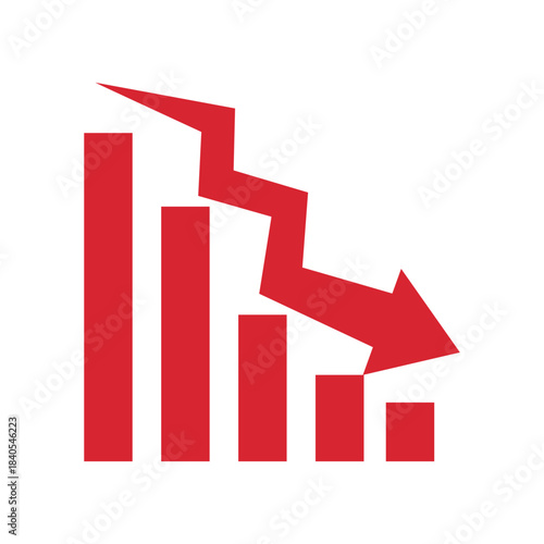 Graph going down sign with red arrows vector. Bar chart symbol icon with arrow moving down and sales bar chart.