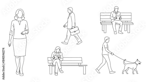 Set of people in an auto cad drawing showing various lifestyle activities.