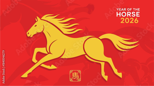 Golden Horse Galloping Across a Red Background Symbolizing the Year of the Horse 2026