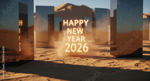 Reflective mirrors in a desert landscape with glowing 