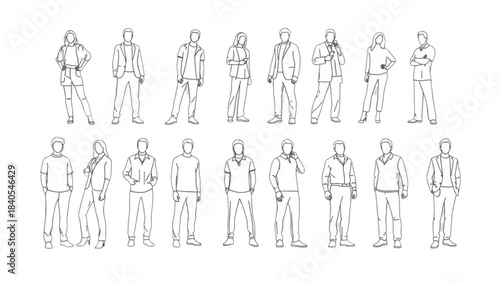 Modern Business Lifestyle Figures in Detailed auto cad drawing Line Art Set