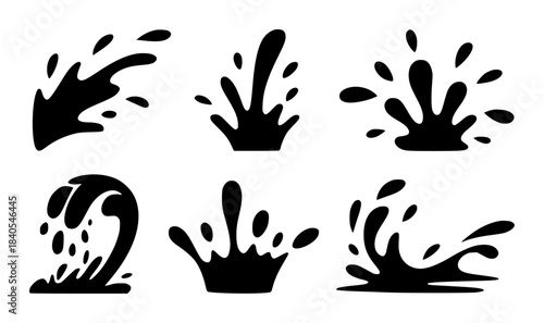 Five black liquid splash on white background splashes drops