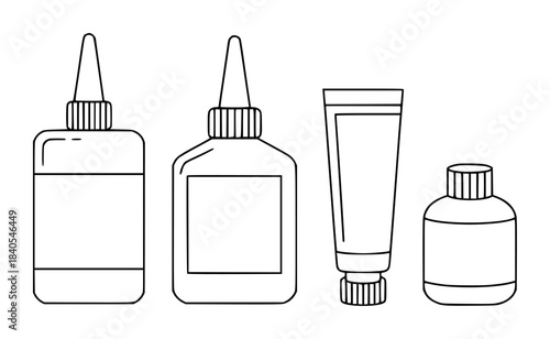 Four black and white line drawn adhesive and bottle containers with caps bottles