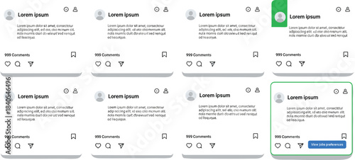 Instagram-style post grid mockup, mobile UI layout, social media interface, featured post variation, clean vector UX concept, icons