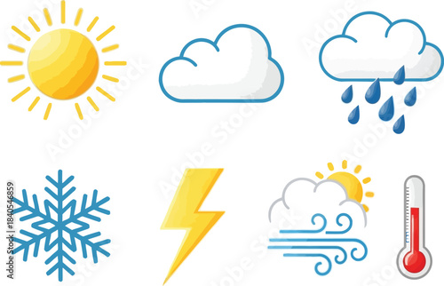 Weather icons set including sun clouds rain snow lightning wind and thermometer