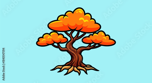 Stylized Autumn Tree with Vibrant Orange Foliage and Exposed Roots.