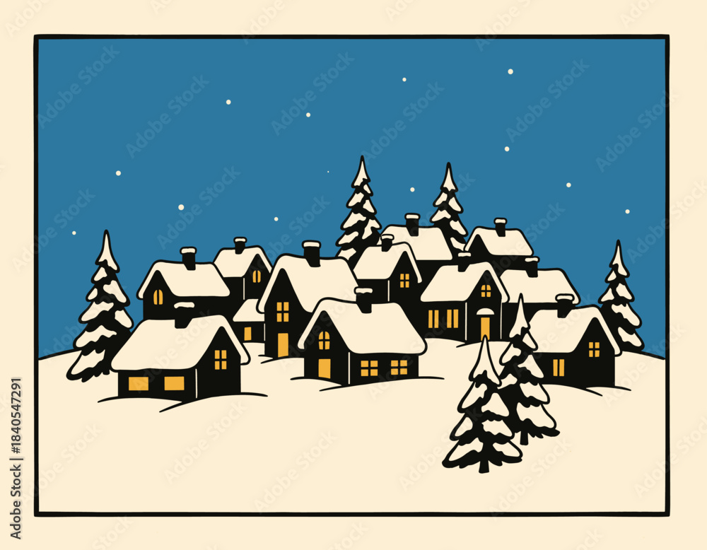 Fototapeta premium Eerie yet cozy illustration of a small European village with snow-covered rooftops, illuminated windows, and a tall church tower against a deep blue, starry night sky. Captures the peaceful stillness 