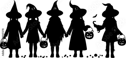 Silhouettes of children in halloween costumes holding hands and candy buckets 
