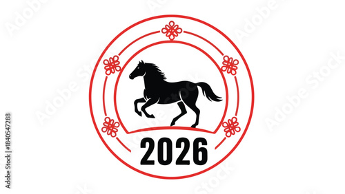 Vector illustration of the Year of the Horse zodiac symbol for 2026, featuring a stylized horse and auspicious Chinese knot elements