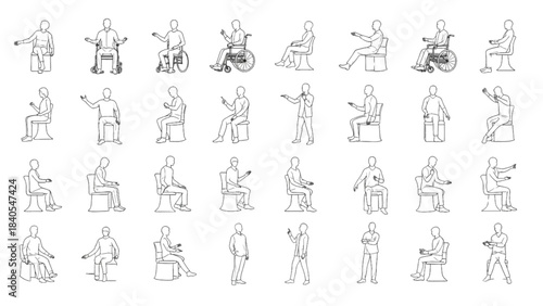Human figures set for architectural plans, an auto cad drawing of a family.